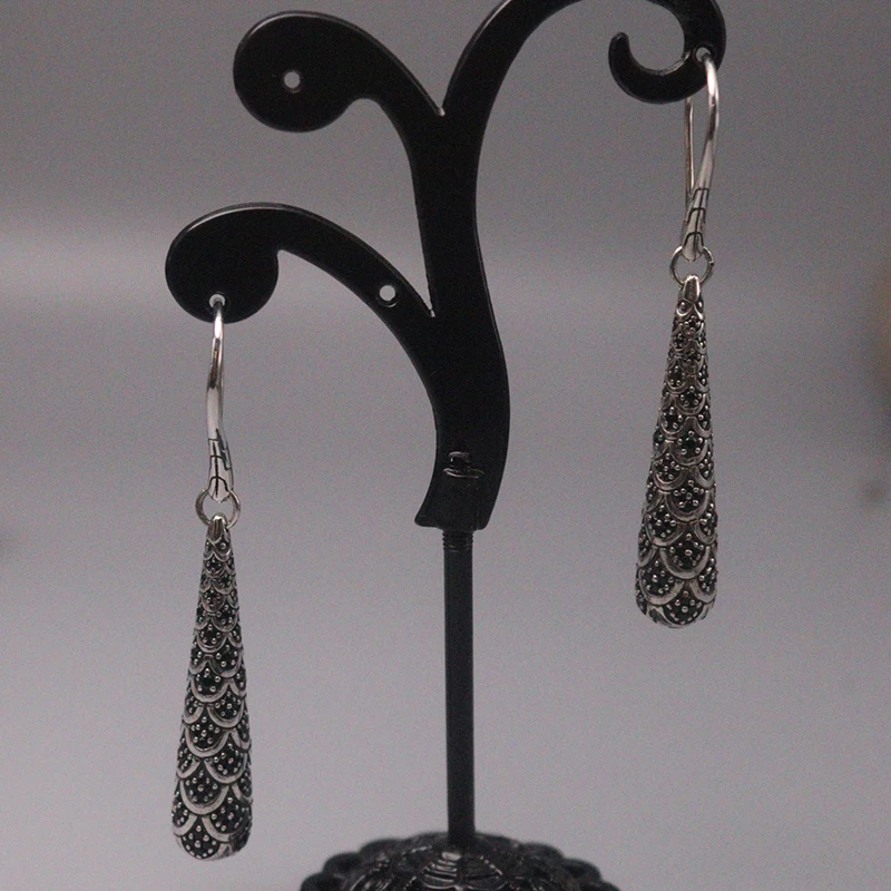 

Solid Sterling Silver Earrings Women Luck Flower Teardrop Dangle Earrings 42x8mm Best Gift