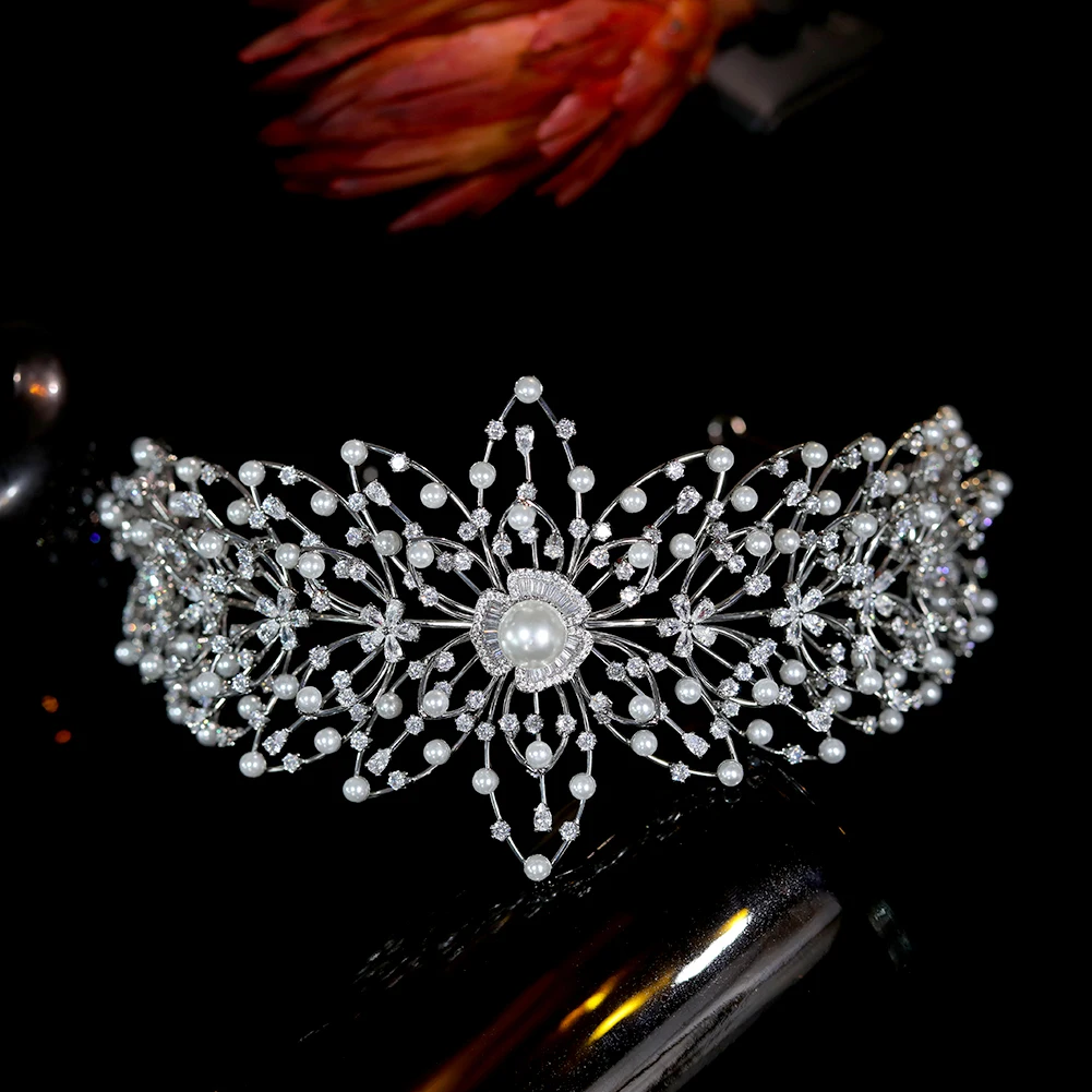 

Новая Хрустальная корона с жемчугом и цветами повязка на голову свадебная тиара Королла женская серебряная принцесса свадебные аксессуары для волос головной убор диадема