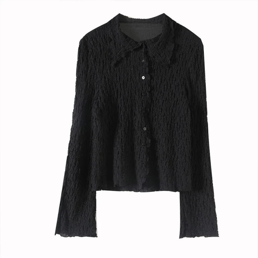 

Pleated Flared Sleeve Blouse For Women 2020 Style Turn-down Collar Casual Shirt Elegant Sunscreen Trend Long Sleeves Ladies Tops