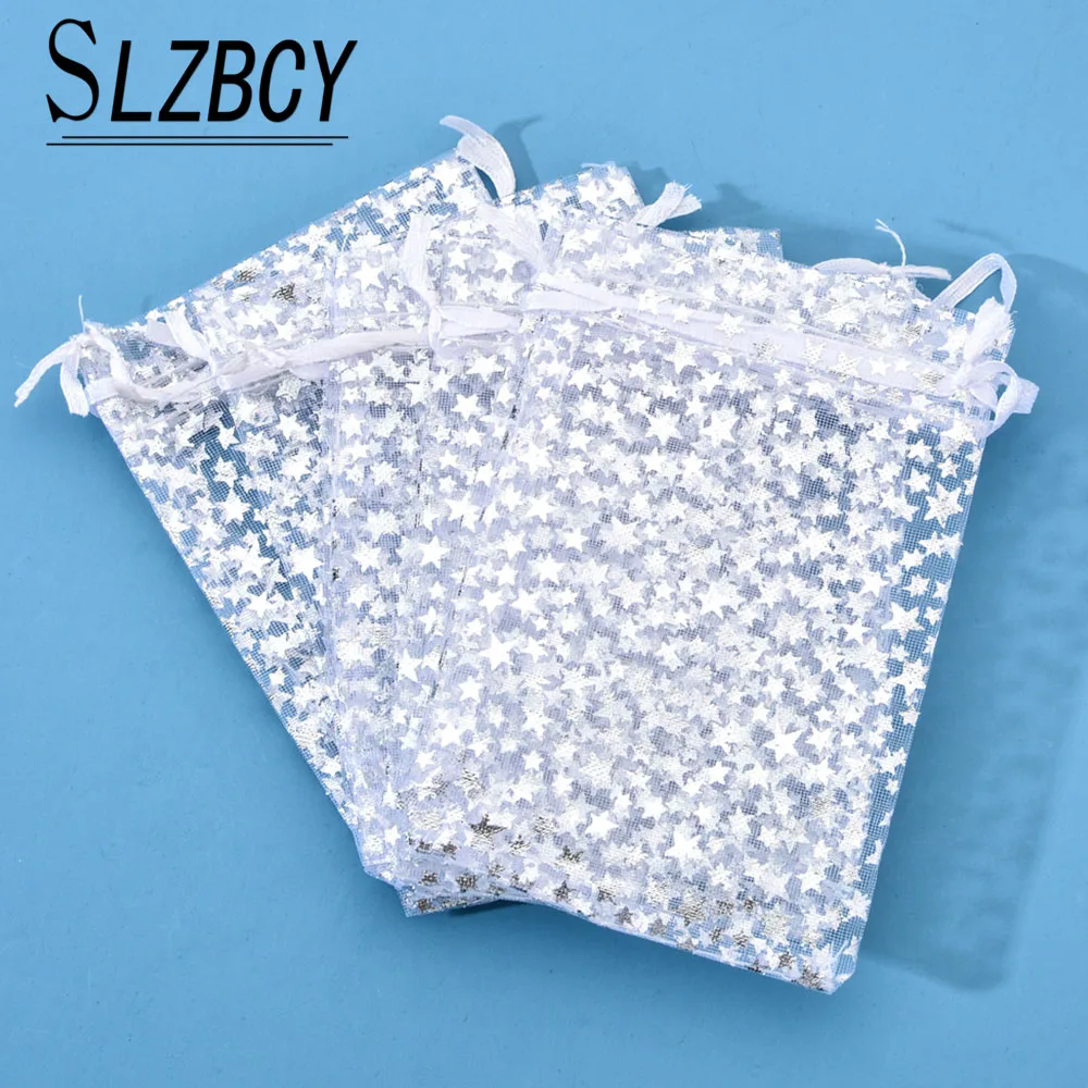 Wholesale 50pcs White Organza Bags Star Design Wedding Gifts Strap Drawstring Candy Pouches Jewelry Packaging Bag 9*12 13*18 cm