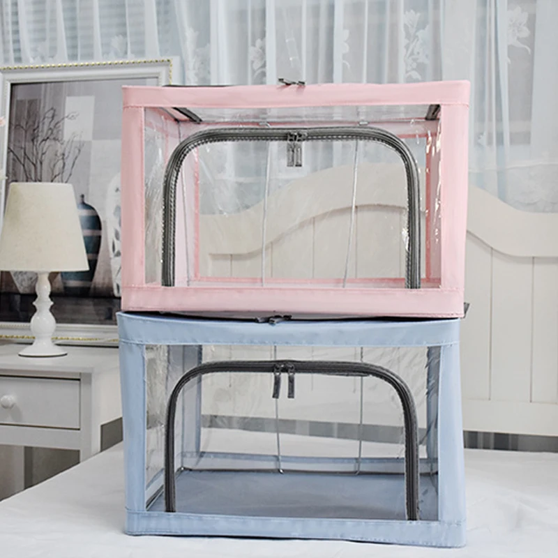 

NEW Multifunction Storage Bin with Thick Steel Frame and Doubler Zipper Foldable Transparent Storage Container Household