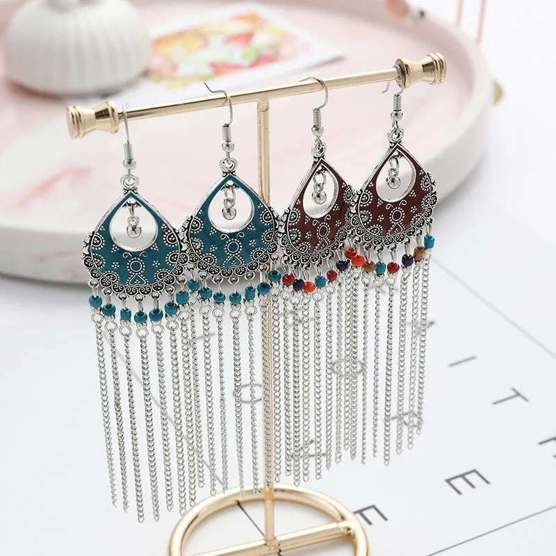 

Bohemian Ethnic Style Long Chain Tassel Earrings for Women Retro Hollow Personality Geometric Drop Dangle Earrings Trend Jewelry
