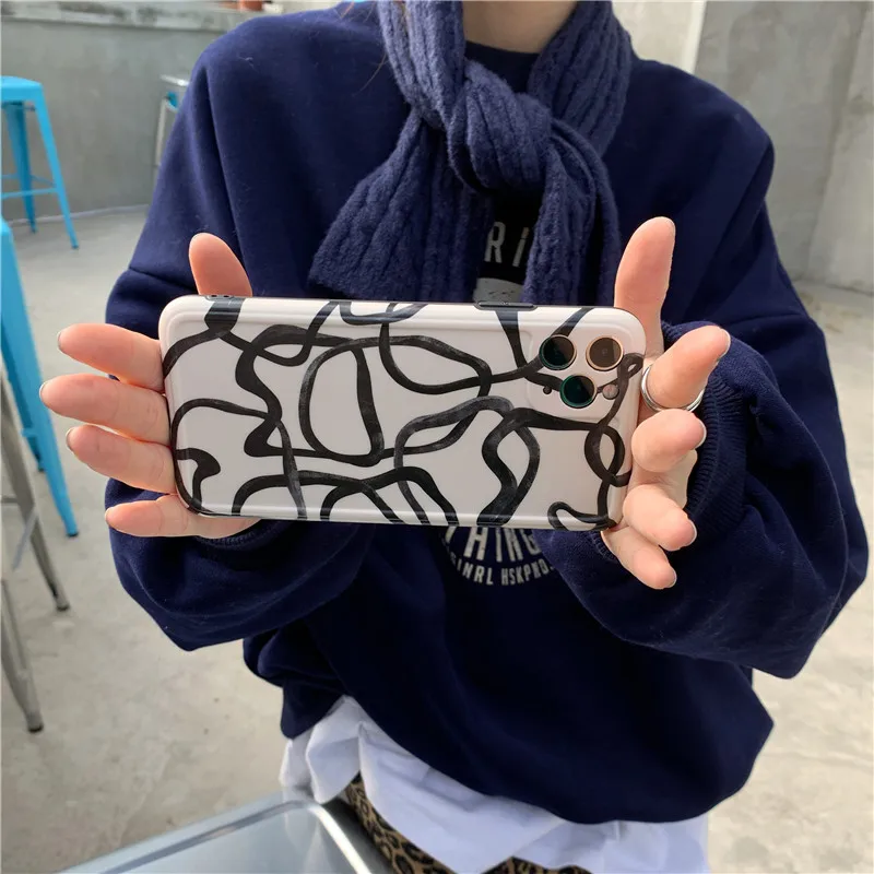 

Fashion Black Line Pattern Phone Case for iPhone 12 11 11Pro Max XR XS Max SE 2020 7 8 Plus Soft IMD Silicon Back Cover Capa