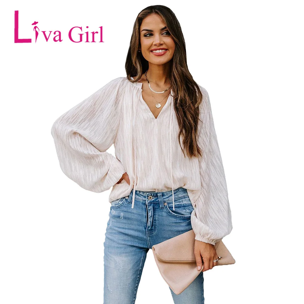 

LIVA GIRL Woman V Neck Textured Tops Female 2021 Spring Autumn Plus Size Casual Shirt Lantern Long Sleeve Solid Loose Tshirt 2XL