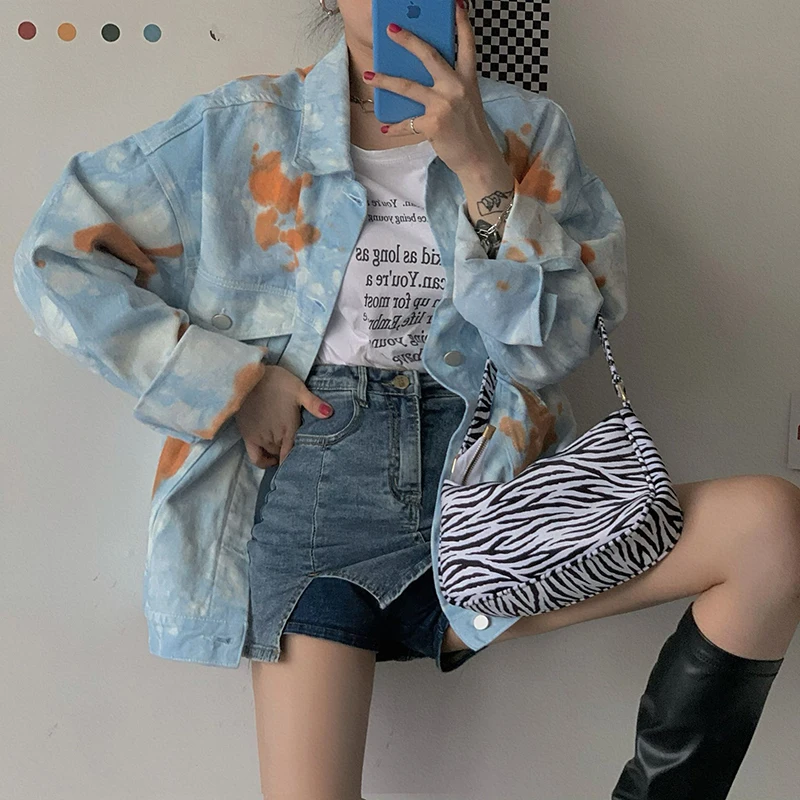 

SHENGPALAE Streetwear Tie Dye Denim Jacket Women's Autumn 2021 New Lapel Large Size Single Breasted Long Sleeve Jacket Female
