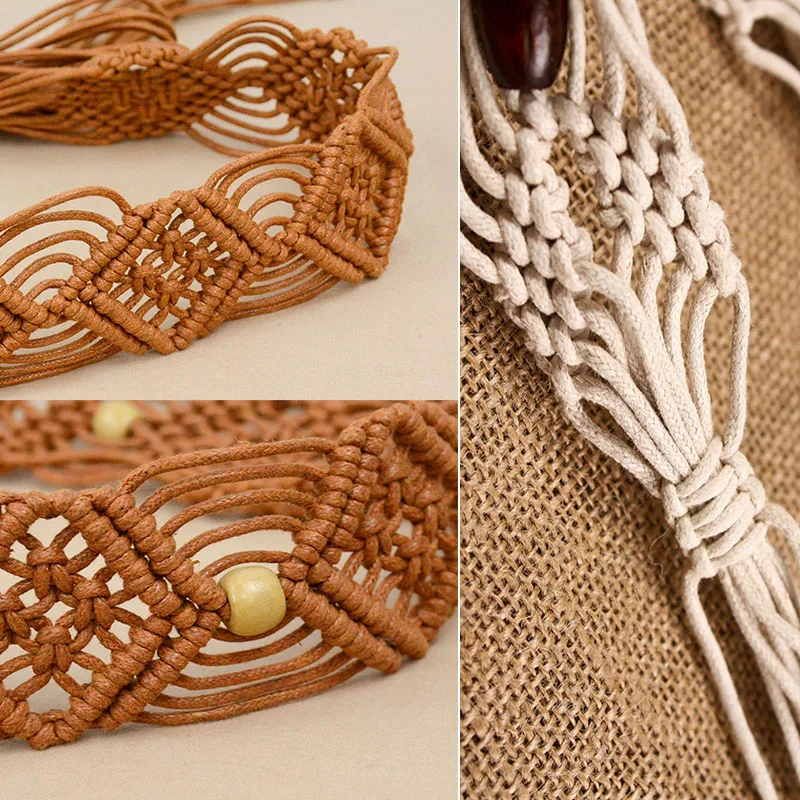 

Boho Ethnic Style Womens Braided Belt Colourful Wooden Bead Belts Handmade Woven Wax Wide Rope Ladies Waistband For Dress
