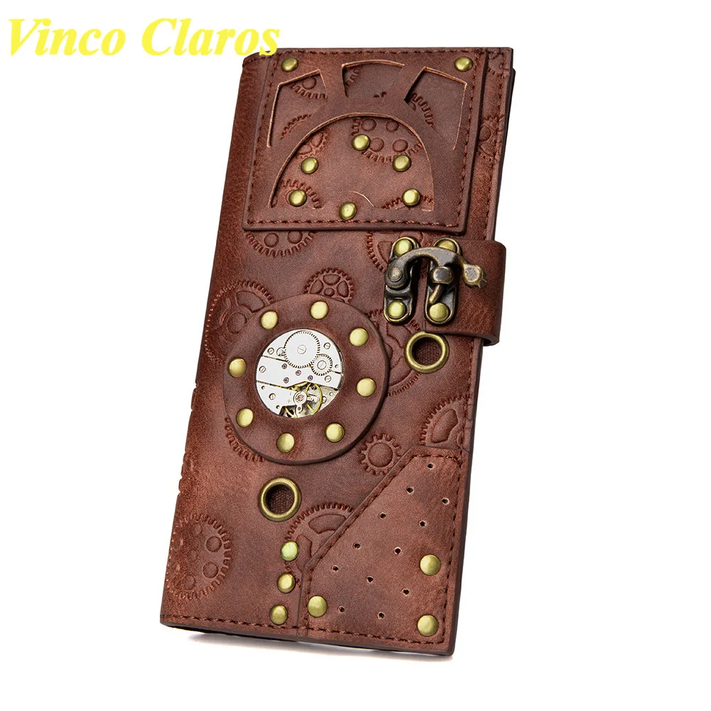 

Длинный Стандартный кошелек унисекс в стиле стимпанк, винтажный коричневый кошелек из искусственной кожи с заклепками для монет, высококач...