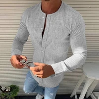 round neck linen solid color mens shirt long sleeve casual shirts