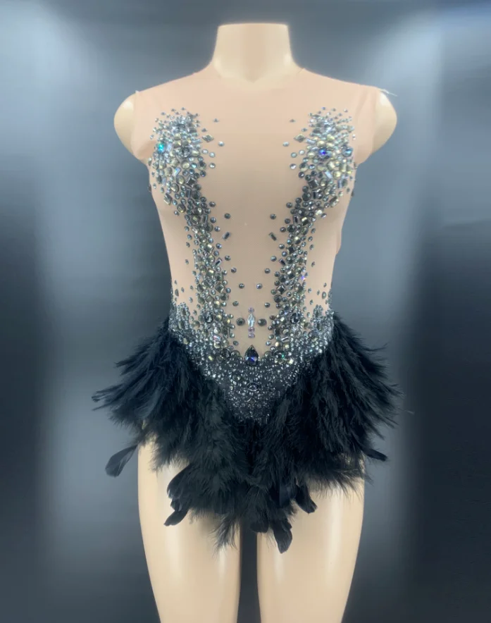 

New Women Summer Bodysuit Outfit 2021 Sexy Feather Mesh Elastic Rompers Stage Female Singer Bar Show Night Club Costume
