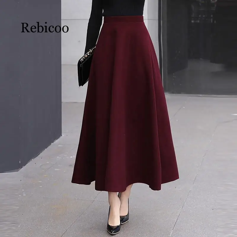 

High Waist Woolen Skirts Womens Winter 2020 Fashion Streewear Wool Long Pleated Skirt With Belt Casual Ladies Saia Longa Black