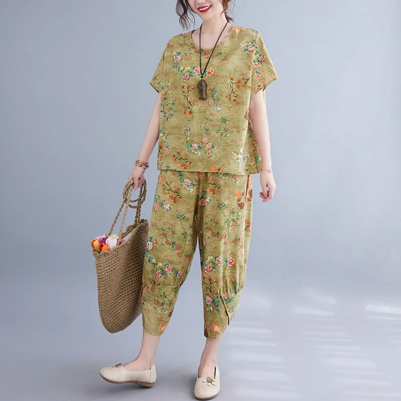 

Женский Повседневный комплект из 2 предметов, из хлопка и льна, винтажный стиль, футболка и штаны до середины икры, B118, лето 2021