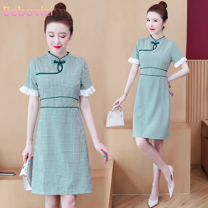 

Plus Size M-4XL Summer Green Grid Short Sleeve Qipao Dress for Women Chinese Modern Cheongsam Party Casual Traditional Clothes