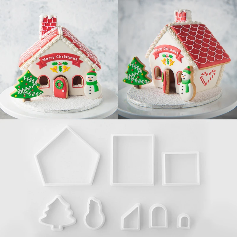 

DIY Biscuit Mold 8Pcs Plastic Cookie Cutter Set 3D Christmas Gingerbread House Mould Pastry Cake Stamp Baking Tools Accessorie