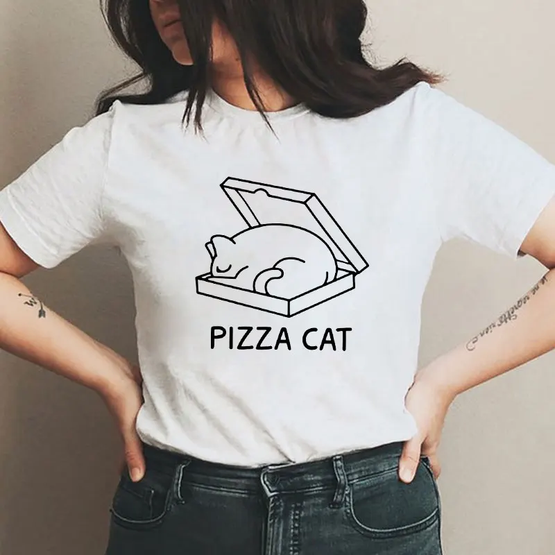 

Pizza Cat 100% Cotton T-shirt Cute Cat Mom Gift Tshirt Funny Pizza Lover Graphic Tee Shirt Top Dropshipping