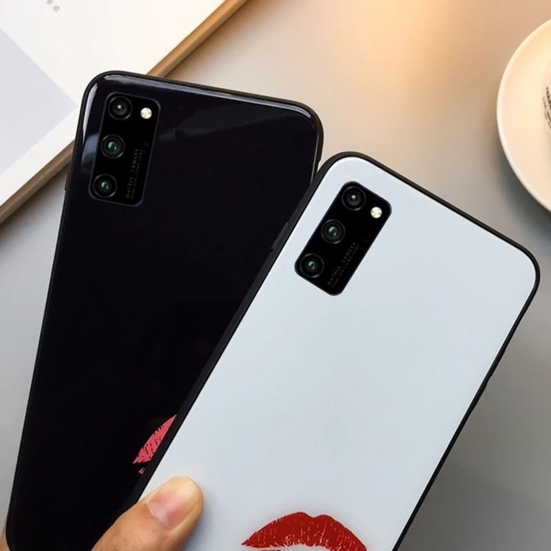 

For oppo Realme 6 Pro A52 A72 A92 A91 A31 A5 A9 2020 A5S A3S Case strap Sexy lip print Hard Glass Cover For OPPO Reno 4 Pro