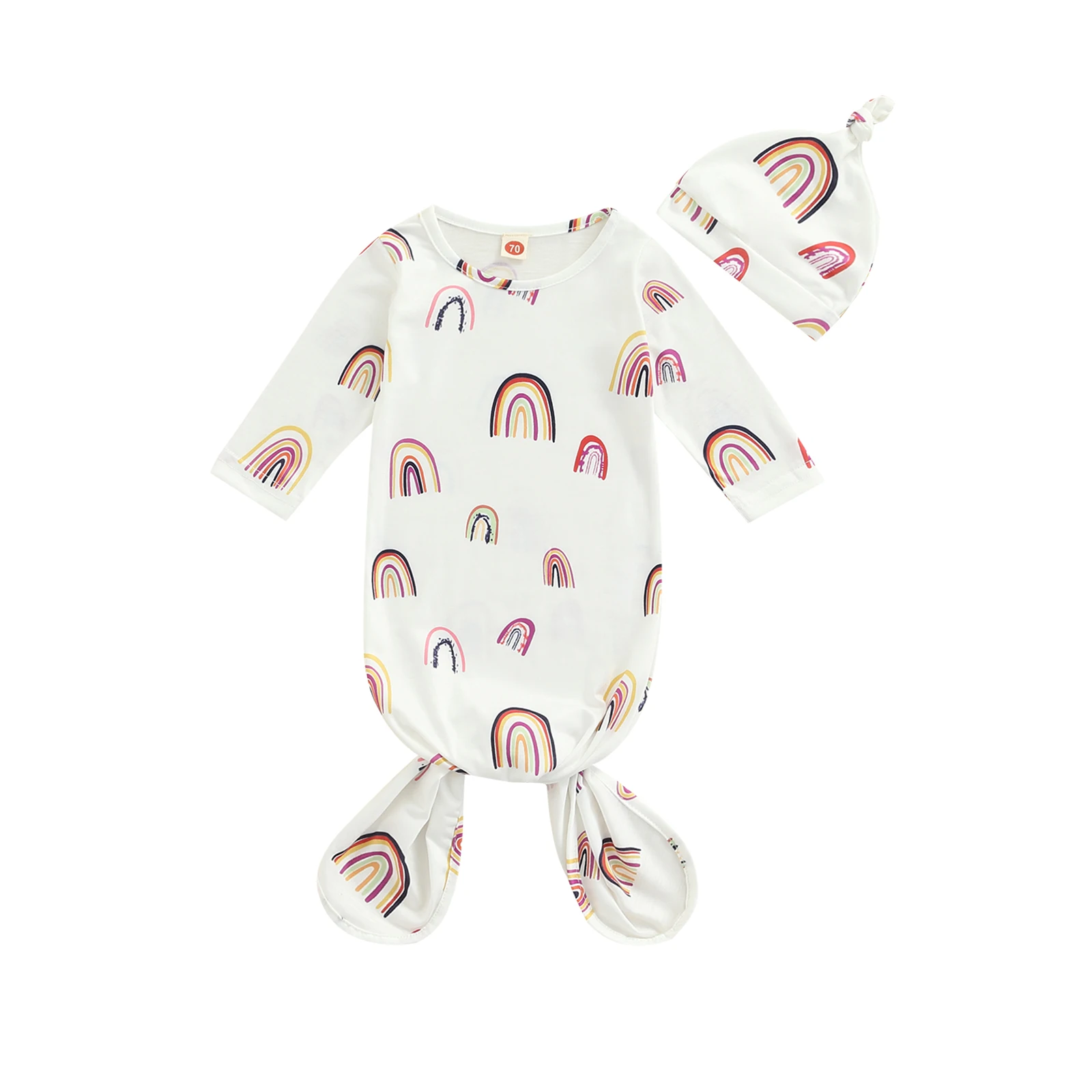 

2Pcs Lovely Newborn Rainbow Print Cotton Autumn Outfits Infant Tie-up Long Sleeve Round Neck Sleeping Sack Beanie