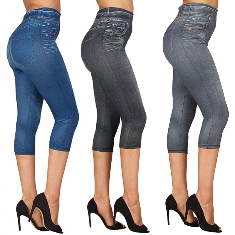 

Capri Pants Women Faux Jeans Jeggings High Waist Stretchy Skinny Summer Breeches Seamless Printed Leggins Mujer