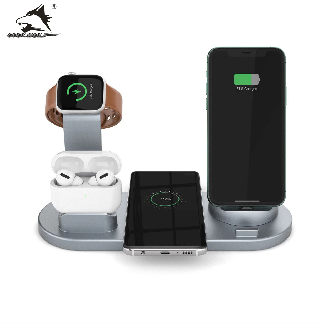Беспроводная зарядная подставка COOLWOLF 4 в 1 для Apple Watch 6 5 3 iPhone13 12 11 XS XR 8 Airpods Pro 15 Вт