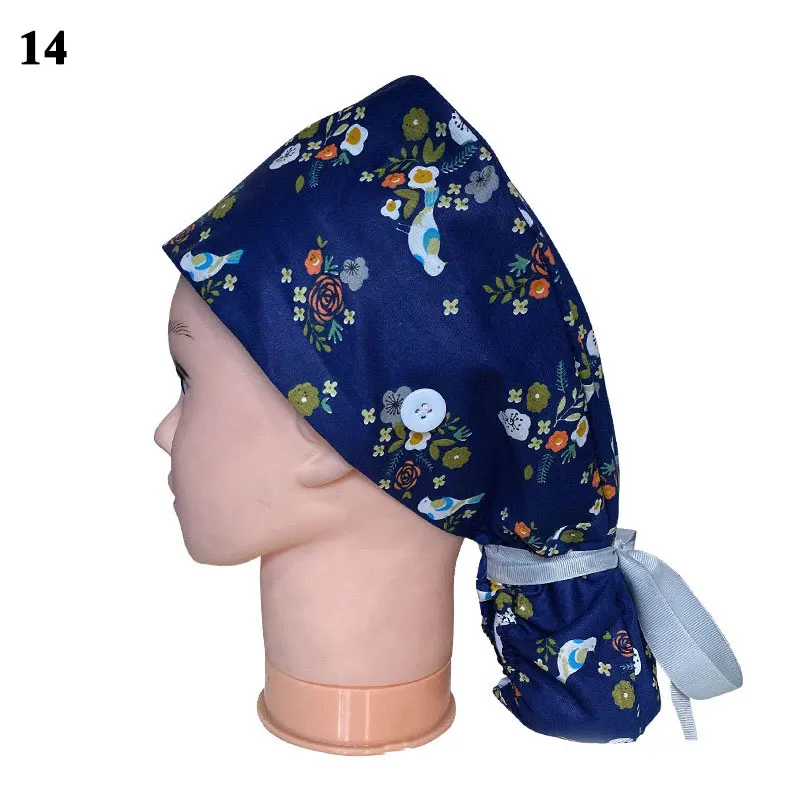 

Women Doctor Nurse Ethnic Paisley Buttons Scrub Cap wtih Ponytail Holder Ties Protect Ears Work Bouffant Hat