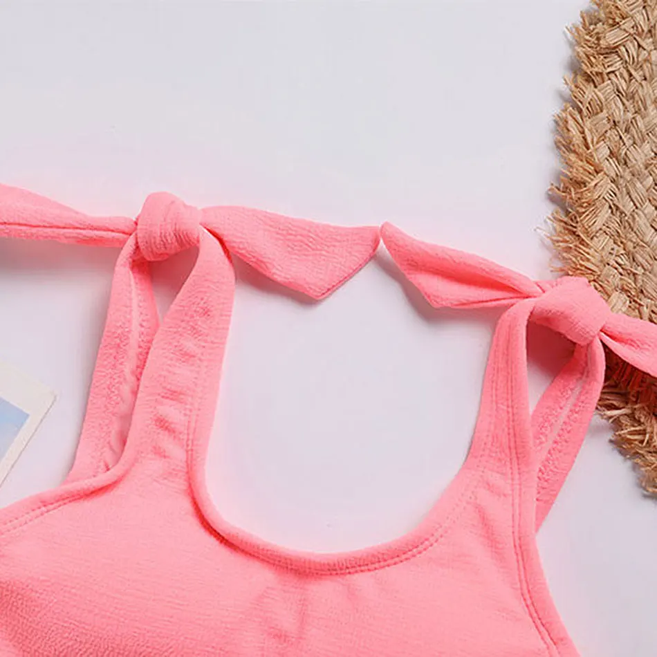 Bow Tie Girl Swimsuit Kids 7-14Years Girl Bikini Set Solid Two Piece Children's Swimwear Padded Girl Bathing Suit Beachwear 2021