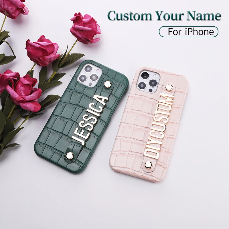 

Custom Name Luxury Crocodile Leather Phone Case For iphone 11 12 Pro Max Mini 7 8 Plus X XR XS Max Diamond Metal Letters Cover