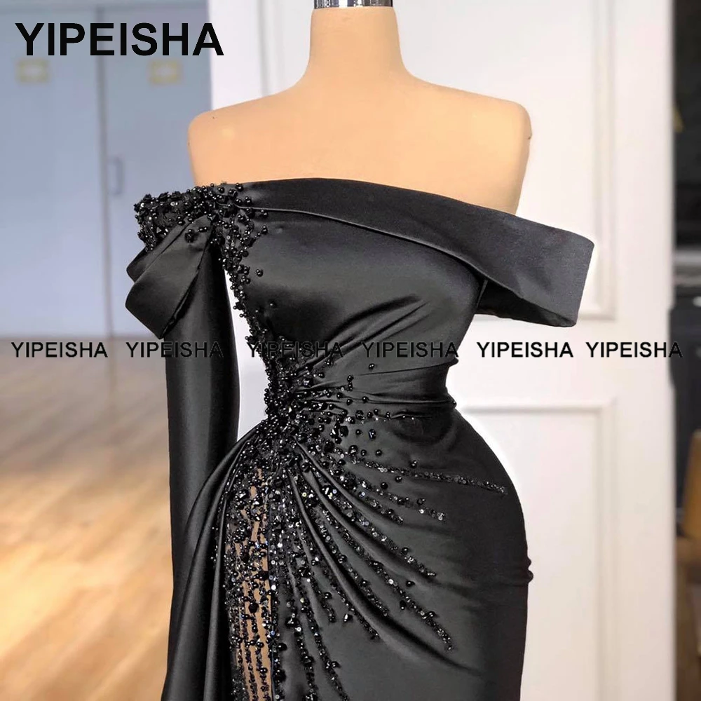 Yipeisha Off-shoulder Black Pageant Party Gown Luxury Pearls Evening Dresses Formal Mermaid Sexy Long Prom Dress 2022