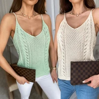fashion summer sling women tops solid color sleeveless hollow out sexy v neck ladies vest 2021 knitted pullover female camisole