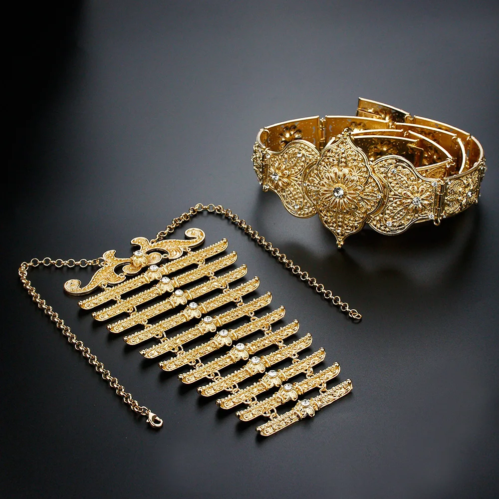 

Sunspicems Chic Turkey Bride Jewelry Sets Caucasus Women Belt Breastplate Set Gold Color Arab Robe Caftan Belt Chest Chain Gift