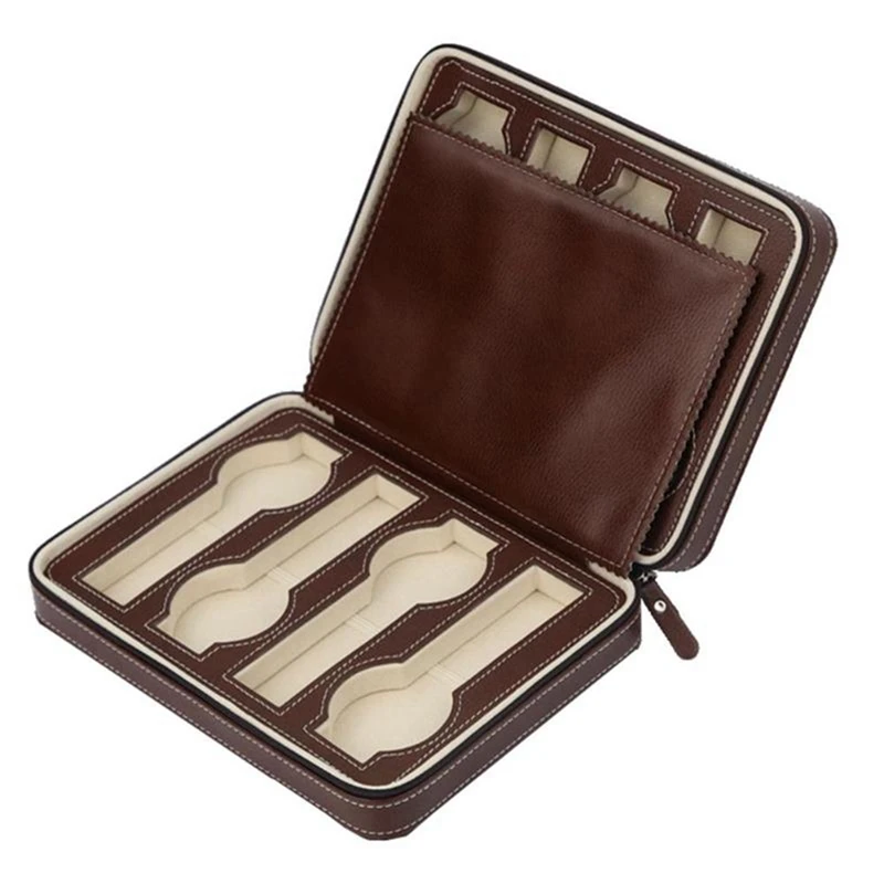 

2 Pcs Grids PU Leather Travel Watch Storage Case Zipper Wristwatch Box, Black & Brown