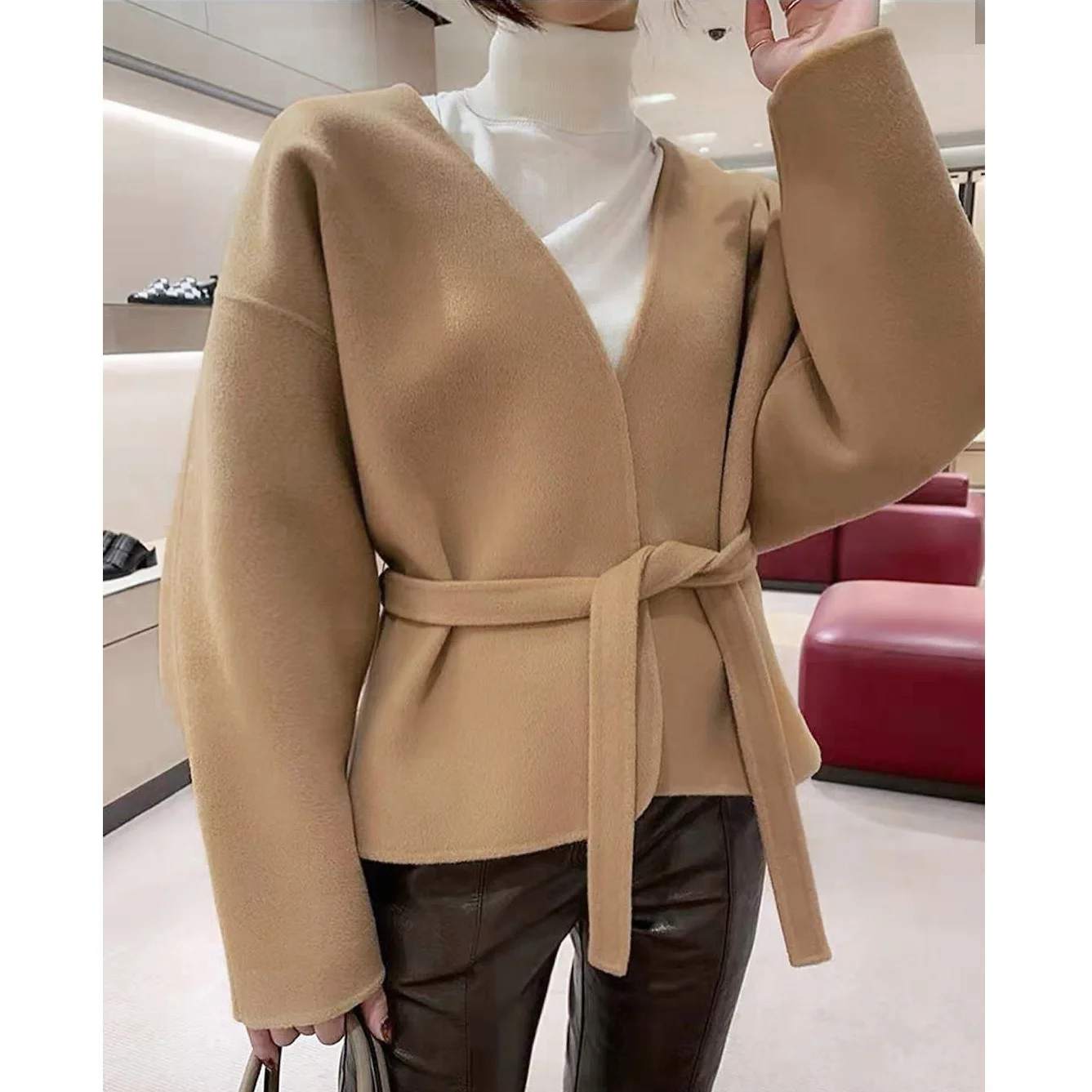 

Women Coat 2021 Spring Curved Contour Tie Waist Wool Cashmere Jacket