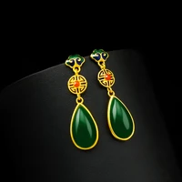 fashion 14k gold earring female vintage chalcedony drop earring for women statement jewelry gemstone jade droplet earrings gifts