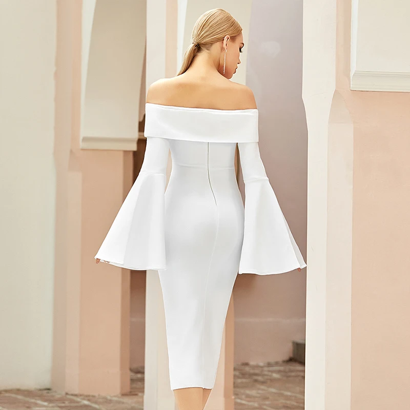 

Sesidy 2021 New Women Off Shoulder Long Flare Sleeve Club Bandage Dress Sexy White Bodycon Celebrity Runway Party Dresses