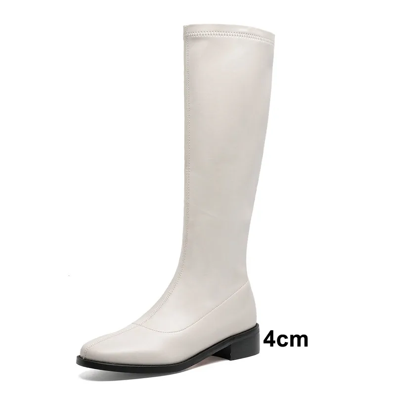 

ANNYMOLI Knee High Boots Women Med Heel Riding Boots Round Toe Block Heel Slim Stretch Shoes Zip Female Long Boos Autumn Winter