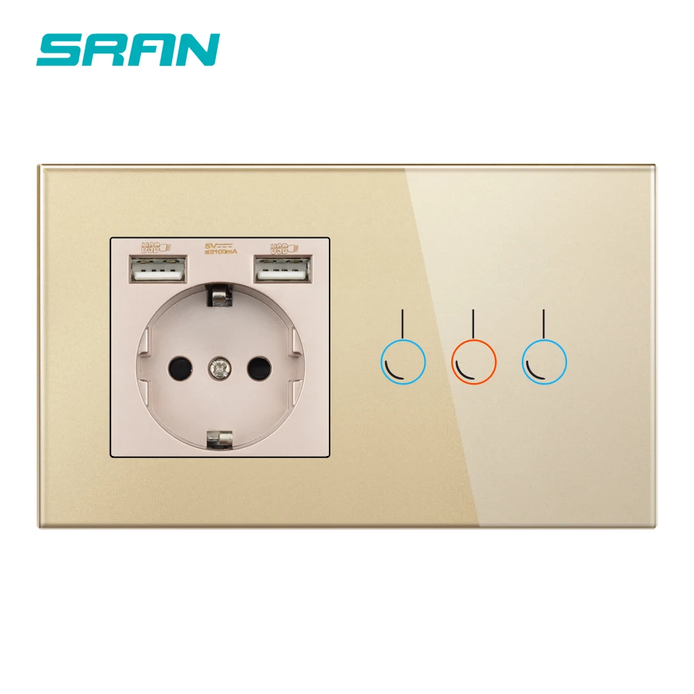 SRAN Сенсорный выключатель с розеткой с USB-панелью из хрусталя 146* 86 220 В 16A EU enchufe 2,1 А 5 В USB-телефон электрическая розетка с выключателем 1/2/3-канальная розетка Россия - Цвет: 3gang gold