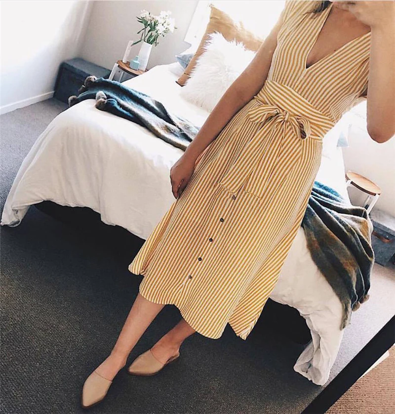 Платье женское средней длины с коротким рукавом и V-образным вырезом | Женская