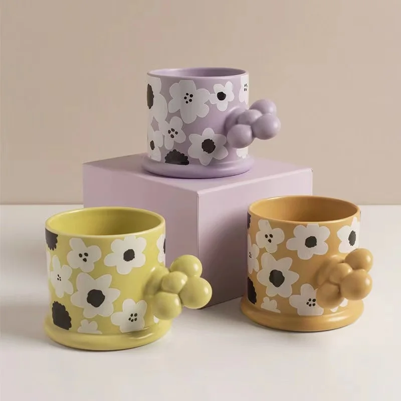 

Creative Ceramic Floral Blossom Mug with Flower Handle Home Milk Tea Cup Cute Water Cup Vintage Mug Handmade Coffee Cup for Gift