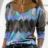 fashion autumn office lady y2k tops clothes spring plus size purple t shirt women geometric print v neck long sleeve tee shirt