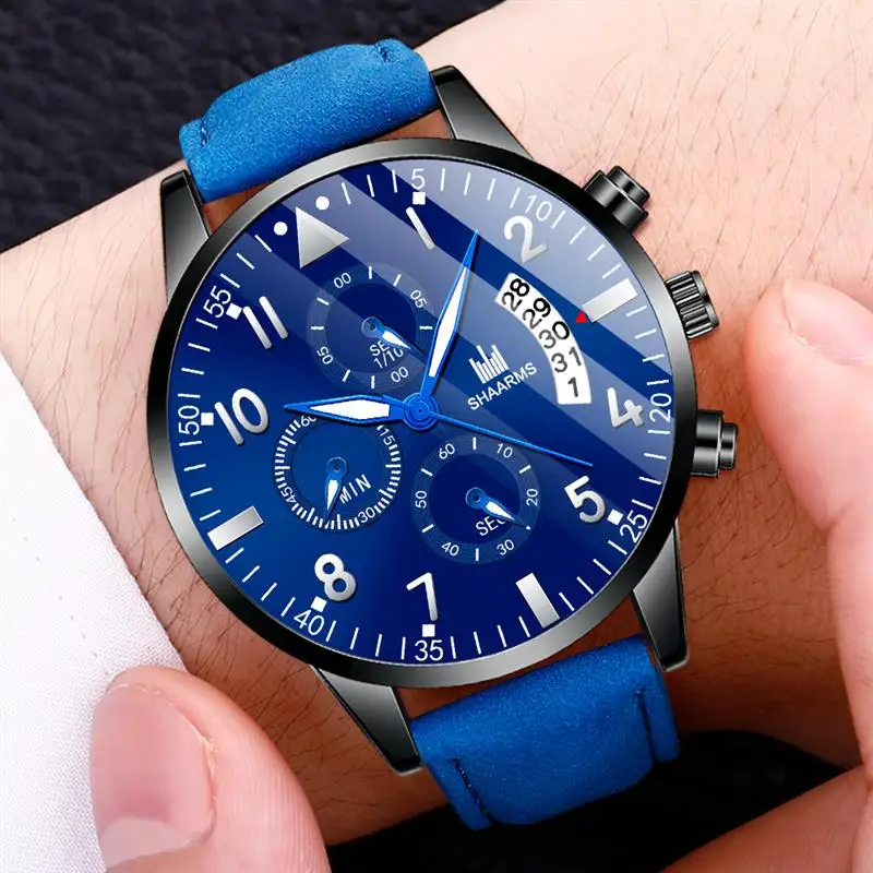 2019 мужские синие часы кожаный ремешок чехол из нержавеющей стали кварцевые