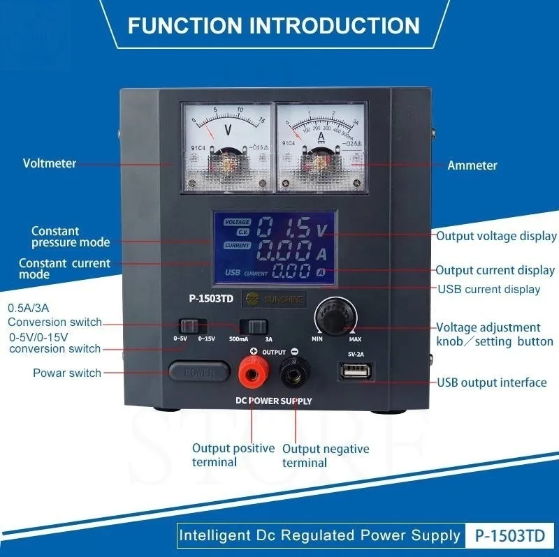 15V 3A Sunshine P-1503TD intelligent DC Regulated Power Supply For Phone Repair Detect Currency Voltage Power On/off Test Tool