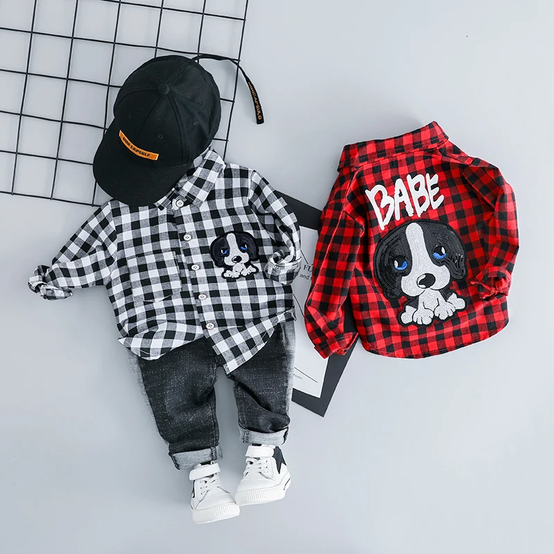 Spring Autumn Baby Girls Boys Clothing Sets Lapel Plaid Shirt Jeans Kids Cartoon Children Costume Infant Leisure Clothes Suits | Детская