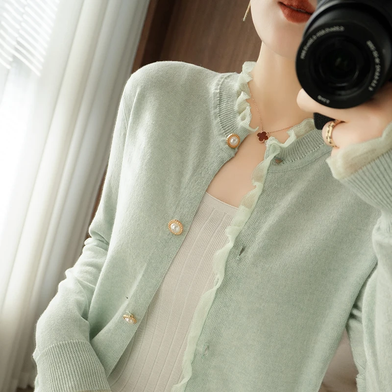 

BELIARST 2021 Spring and Autumn New Cashmere Sweater 100% Pure Wool Cardigan Woman Half-High O-Neck Lace Cardigan Sweater