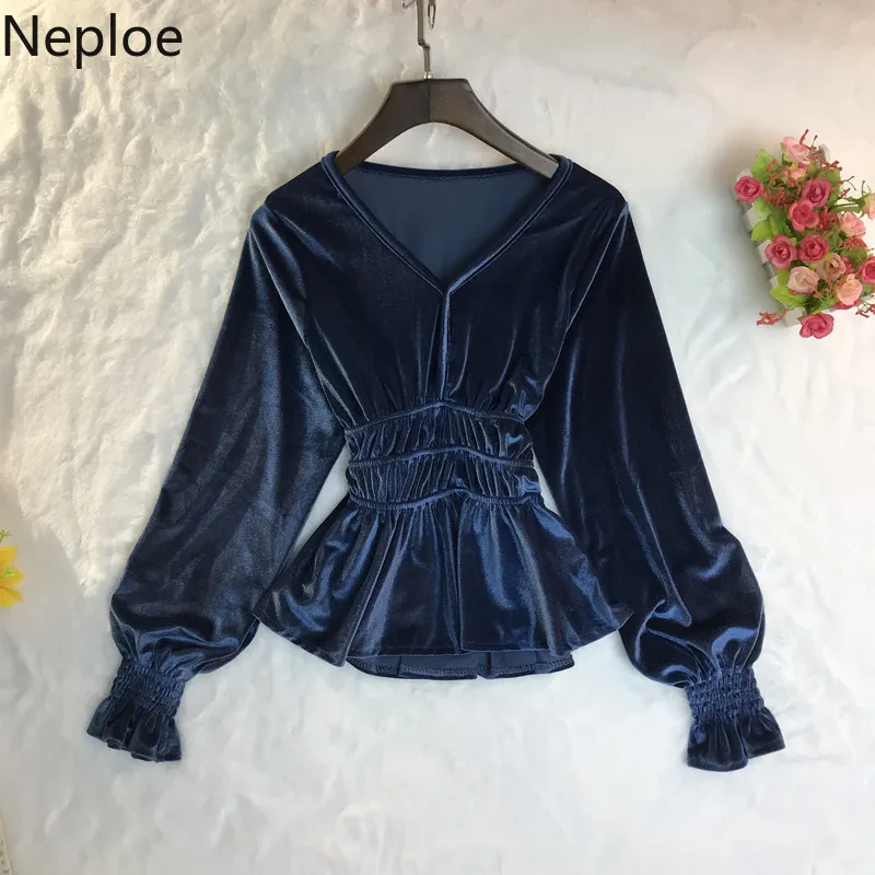 Neploe, v-образный вырез, тонкая талия, рукав-фонарик, бархатная блузка для женщин, элегантные оборки, длинный рукав, Blusas Mujer, облегающая короткая рубашка 46384