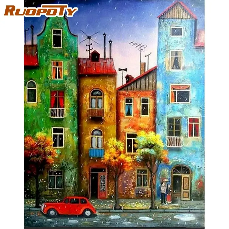 

RUOPOTY Painting By Numbers Colorful House Street Scenery Paint Kits HandPainted 60x75cm Frame On Canvas Modern Home Artcraft