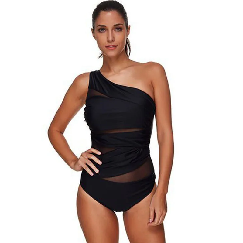 

Single Shoulder Monokini 2021 New Summer One-piece Swimsuit Siamese Mesh Black Swimwear Korean Sexy Female Bodysuit Bathsuit