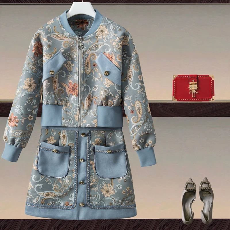 

High Quality Designer Autumn New Women's Set Jacquard Print Long Sleeved Jacket A-line Skirt Exquisite Fashion Casual Party Suit