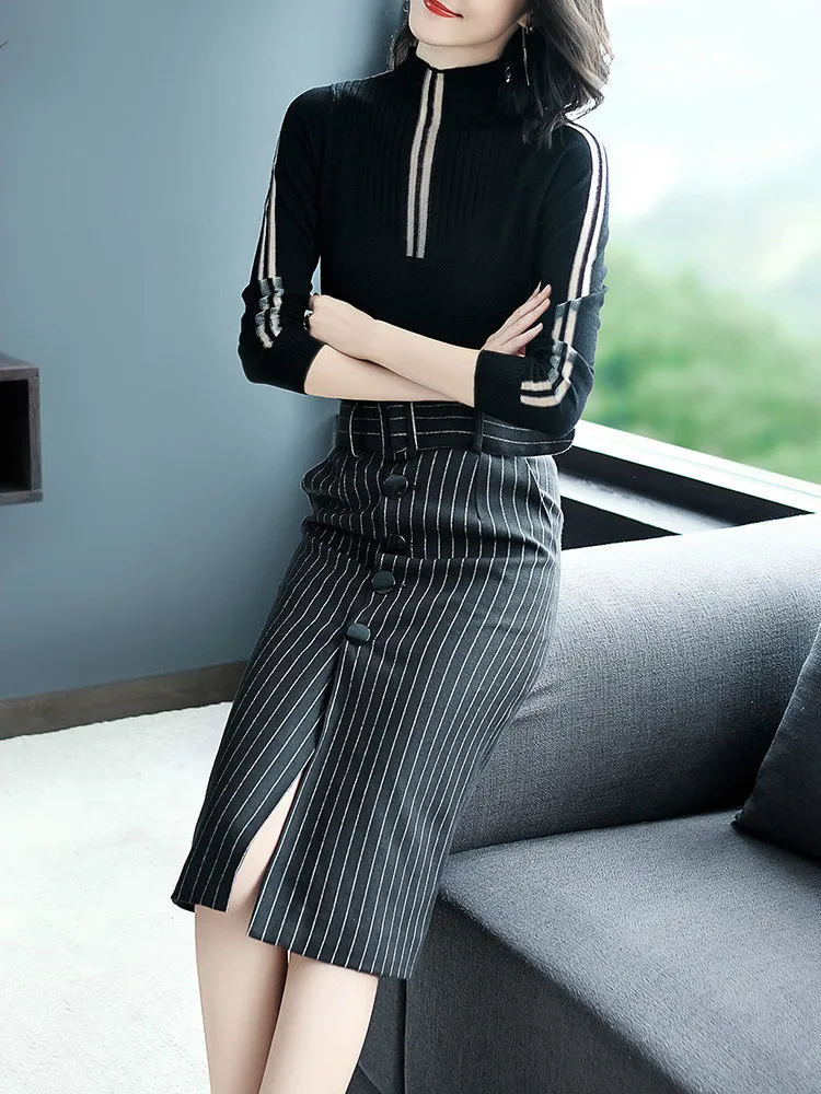 

2-piece spring-autumn 2020, black sweater, elegant Women's two piece set, skirt, outfit, ensemble femme