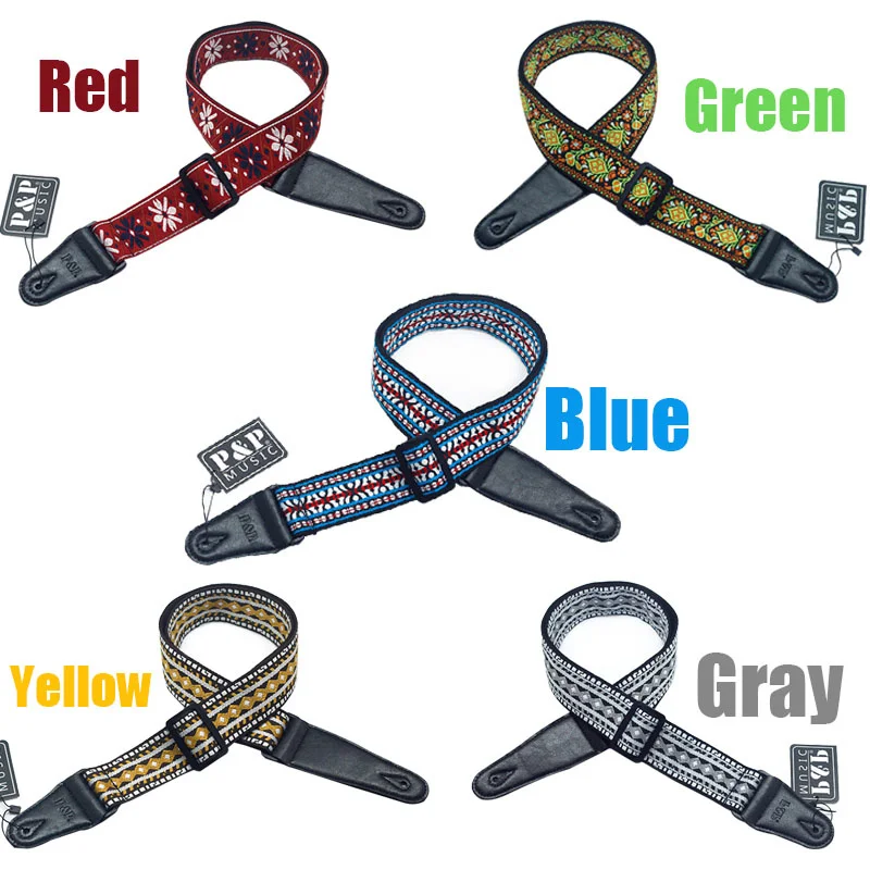 

Quality 5 Colors Vintage Flowers Stripes Acoustic Electric Guitar Strap Woven Embroidery Fabrics Leather Ends Strap