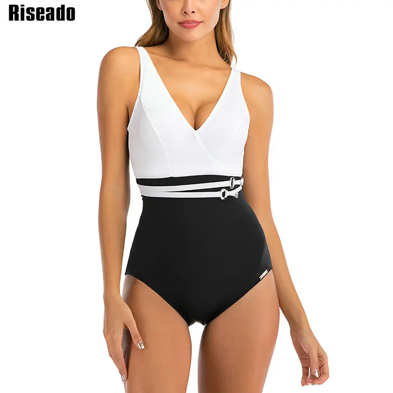 Riseado без брителек пестрый купальник Одна деталь купальные костюмы V Neck Для женщин