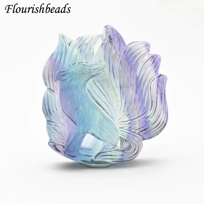 

Popular Natural Fluorite Colorful Gemstone Carve Nine -tailed Fox Shape Stone Pendant Fits Necklace Amulet Energy Jewelry Making