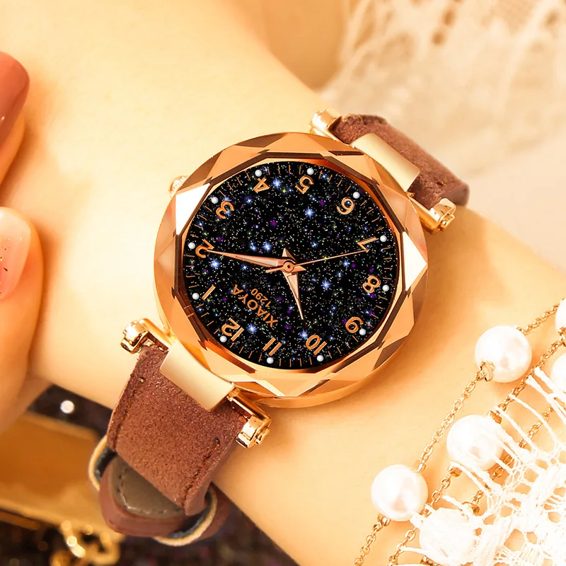 

Exquisite Luxury Women Watches Fashion Dress Ladies Watch Elegant Starry Sky Dial Leather Strap Quartz Wristwatch Clock Women